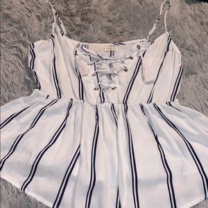 La Hearts. White peplum top with blue pin stripes